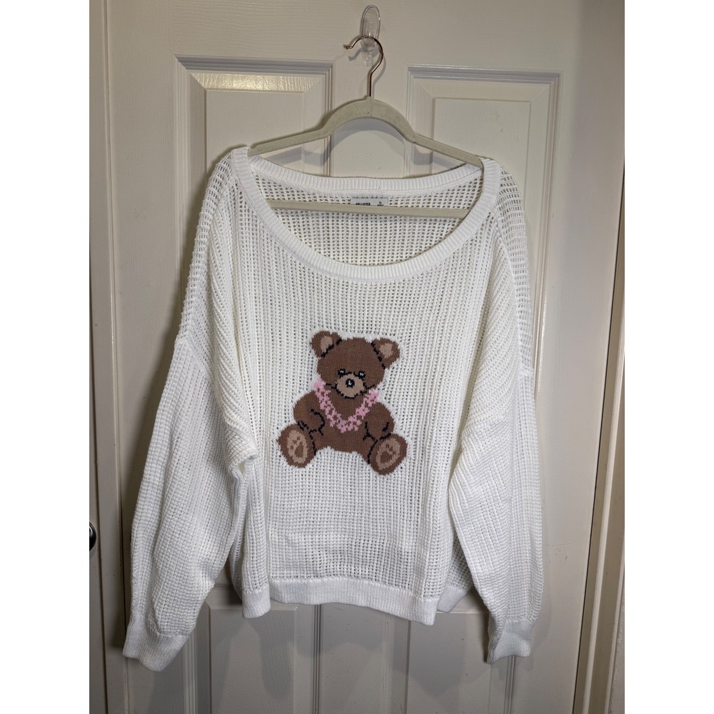 Hollister White Open Knit Teddy Bear Graphic Sweater Slouchy Scoop Neck Size XL